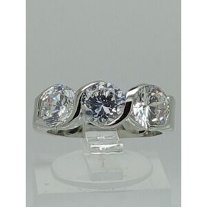 Vintage 3CT Simulated Diamond CZ 3-Stone Ring: White Gold Plated, Size 6